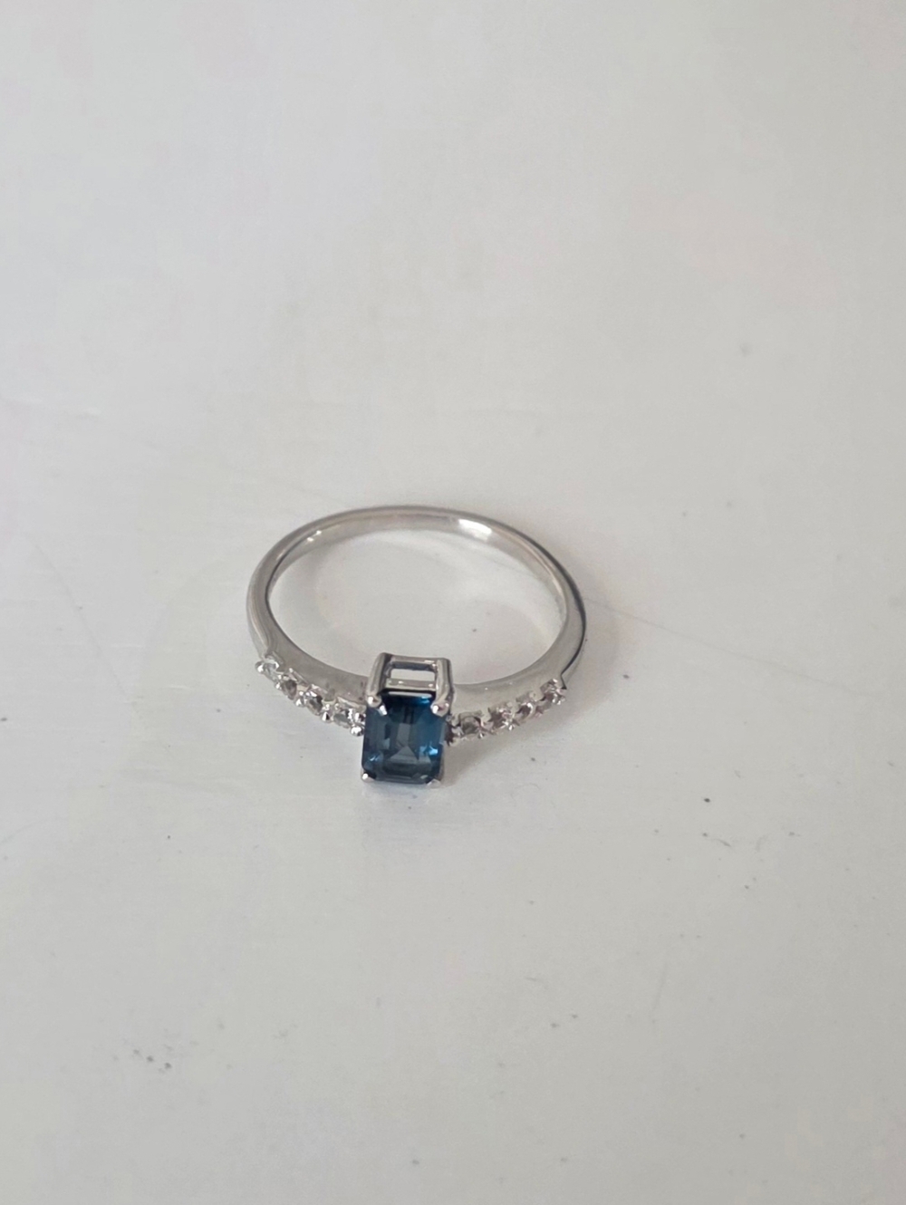 925 Blue Sapphire-Style Emerald Cut Sterling Ring with Side Accent Stones